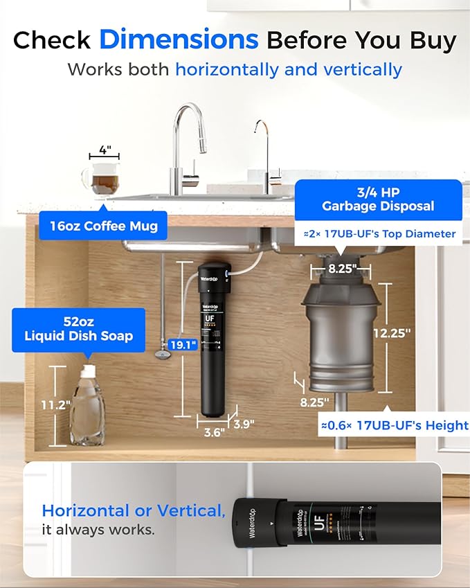 Waterdrop 17UB-UF 0.01 μm Ultra Filtration Under Sink Water Filter System, 3 Years, Reduces Lead, Chlorine, Bad Taste & Odor, with Dedicated Brushed Nickel Faucet