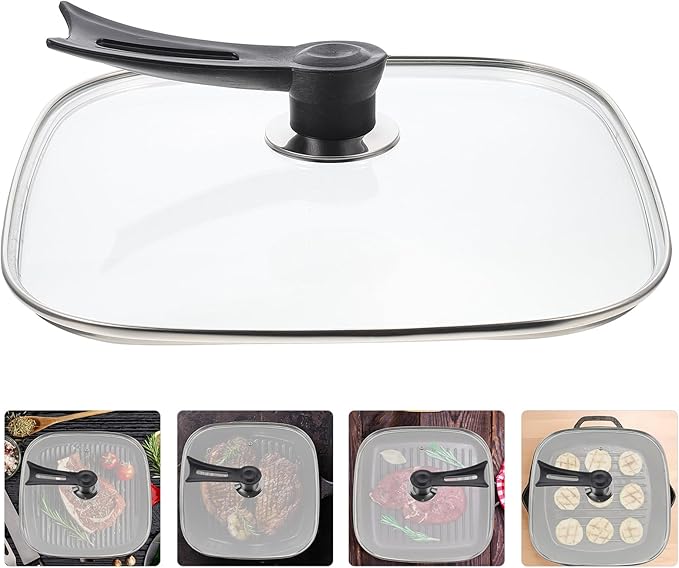 UPKOCH Basting Cover Square Glass Lid Replacement Cast Iron Grill Pan Skillet Lid Universal Pot Lid Pan Cover Steaming Cover Cookware Lid with Handle for Kitchen
