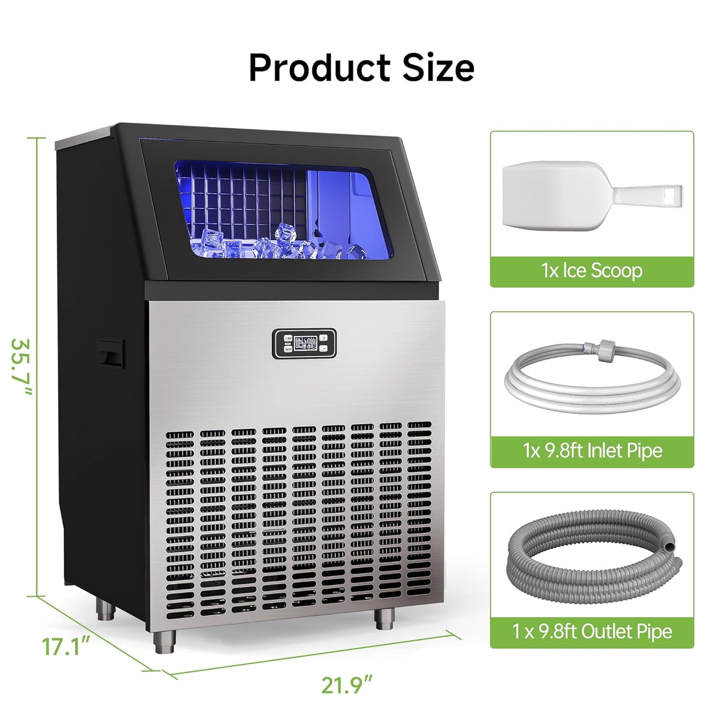 Real Relax Commercial Ice Machine, 270LBS/24H ETL Approval Under Counter Ice Maker Machine, 48LBS Ice Storage Capacity, Auto Self-Cleaning, LCD Display, with Ice Scoop for Party Bars