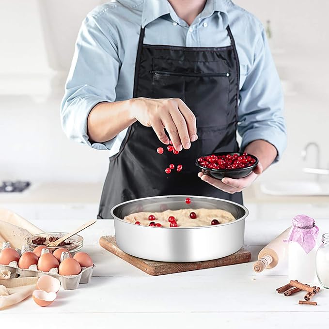 P&P CHEF 9.5 Inch Cake Pans Set, Round Baking Pan Stainless Steel Layer Birthday Wedding Cake Oven Pans, Non Toxic & Heavy Duty, Deep Side & Mirror Finish, Dishwasher Safe, (2Pcs)