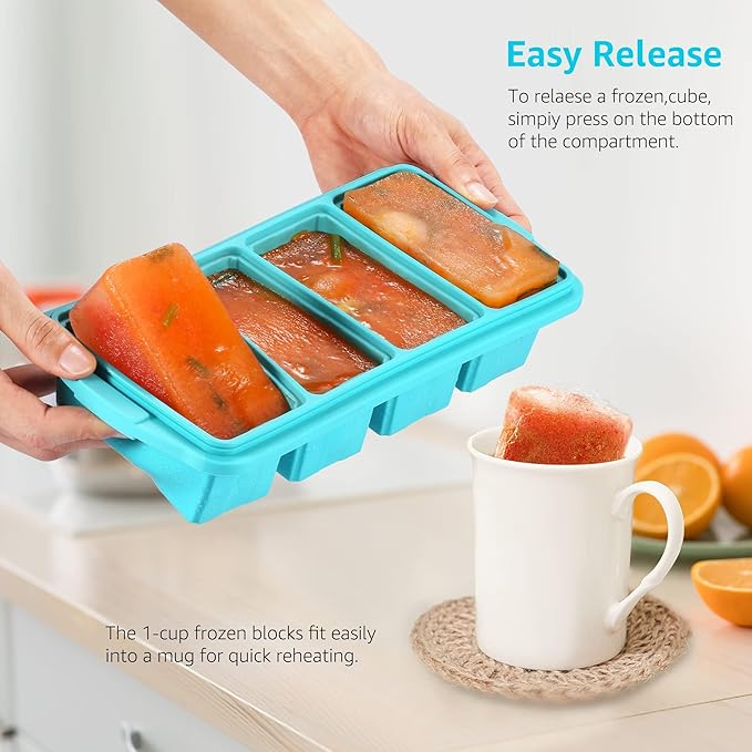 Ztomine Silicone Freezer Tray With Lid - Silicone Freezer Food Molds- Large Ice Cube Tray,4-Pack Silicone Freezer Container,Freeze & Store Soup, Sauce, Broth,Leftovers - Makes 4 Perfect 1 Cup