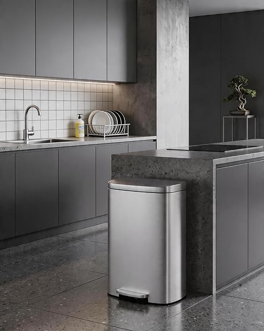 Garvee 13 Gal / 50 L Step-On Trash Can, Stainless Steel Kitchen Garbage Can with Soft Close Lid, Removable Inner Bucket & Rear Handle for Easy Transport