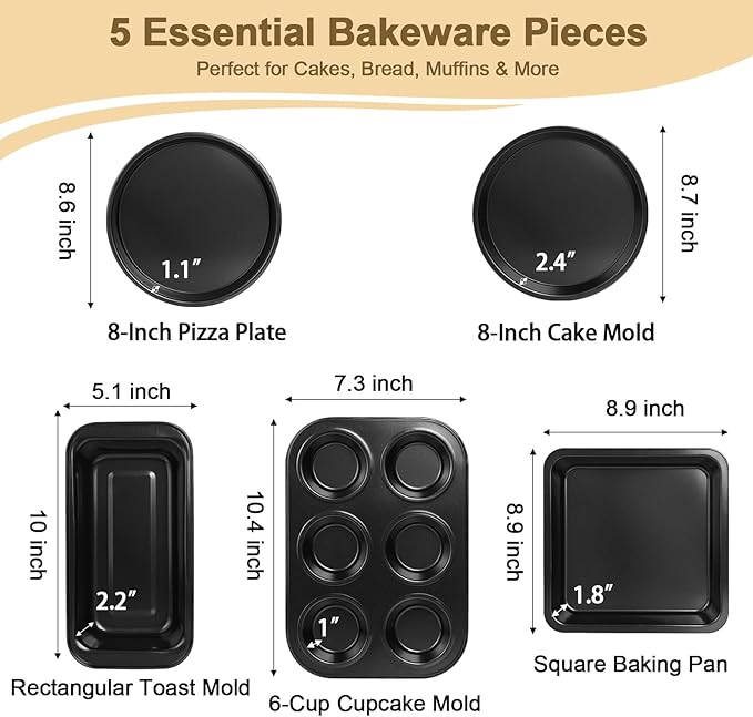 5-Piece Toaster Oven Bakeware Set – Compact Nonstick Baking Pans for Small Oven, RV & Camper – Includes Muffin, Loaf, Pizza, Cake & Square Pan (Black)
