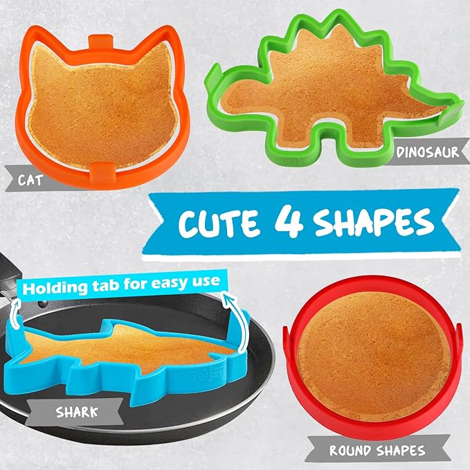 Kamehame Silicone Pancake Molds for Shark, Round, Cat, Dinosaur Shape Pancakes, 4 Pack Nonstick Pancake Shaper for kids, Fun Shapes Cake Ring Mold for Griddle Cooking