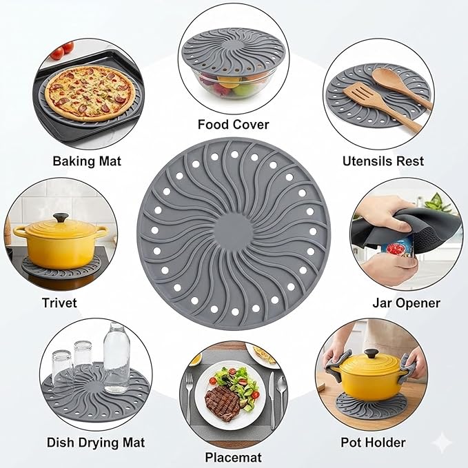 3 in 1 Microwave Splatter Glass Cover with Silicone Mat and Base Plate,BPA Free Collapsible Silicone Microwave Food Cover with Vent Hole and Anti-scald Silicone Handle,Dishwasher Safe (Large-Gray)