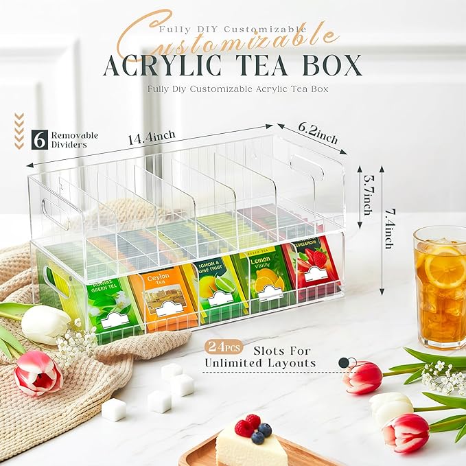 Acrylic Tea Bag Organizer with Adjustable Dividers, 2 Tier Tea Bag Holder Stackable & Wall Mount Storage Box, Custom Compartments Fit All Size Tea Bags for Drawer, Cabinet, Countertop Organization