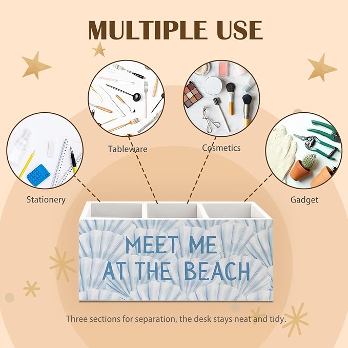 Blue Coastal Beach Seashell Wooden Utensils Holder, Meet Me at The Beach Ocean Beachy Wood Cooking Utensil Holder Organizer for Kitchen Countertop Counter Decor Accessories