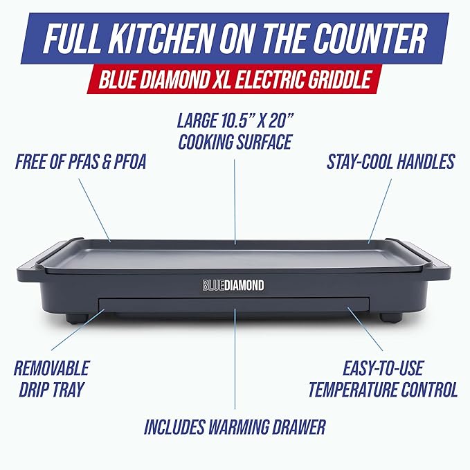 Blue Diamond 20” x 10.5” Extra Large Electric Griddle, Healthy Ceramic Nonstick Surface, Non-Toxic PFAS-Free, Temperature Control, Family Friendly, Removable Drip Tray, Easy Clean, Graphite