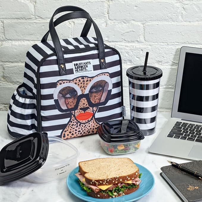 Fit & Fresh Lunch Bag For Women, Insulated Womens Lunch Bag For Work, Leakproof & Stain-Resistant Large Lunch Box For Women With Containers, Tumbler and Ice Pack, Zipper Closure B&W Glam Cat