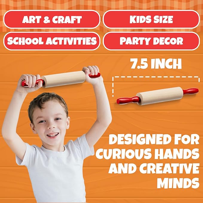 Mini Rolling Pin 7.5 Inch (6 Pack) Kids Rolling Pin Set for Play Dough Accessories Small Pin for Dough - Wooden Rolling Pins For Baking With Handles for Foods, Baking Supplies, And Playtime