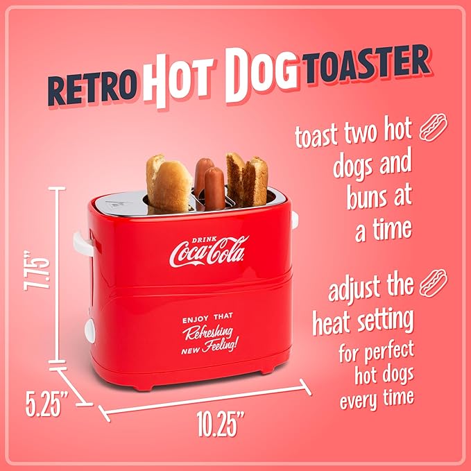 Nostalgia Coca-Cola Hot Dog Toaster - 2 Slot Bun Mini Tongs - Works with Chicken, Turkey, Veggie Links, Sausages and Brats - Coke Red