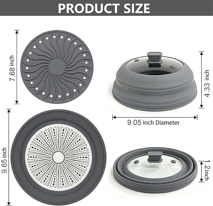 3 in 1 Microwave Splatter Glass Cover with Silicone Mat and Base Plate,BPA Free Collapsible Silicone Microwave Food Cover with Vent Hole and Anti-scald Silicone Handle,Dishwasher Safe (Small-Gray)