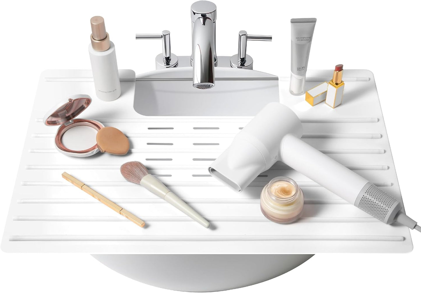 Maplefield Bathroom Sink Cover & Silicone Makeup Mat - White, 22 x 2 x 2 In - Heat Resistant to 400°F - Foldable Roll-Up Design with Raised Ridges - Space-Saving Countertop Mat