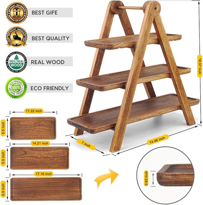 Manspdier Wood 3 Tier Serving Tray Three Tiered Cupcake Stand, Rectangle Serving Platter Wooden Farmhouse Tiered Tray, Party Serving Brown Decorative Tray Decor