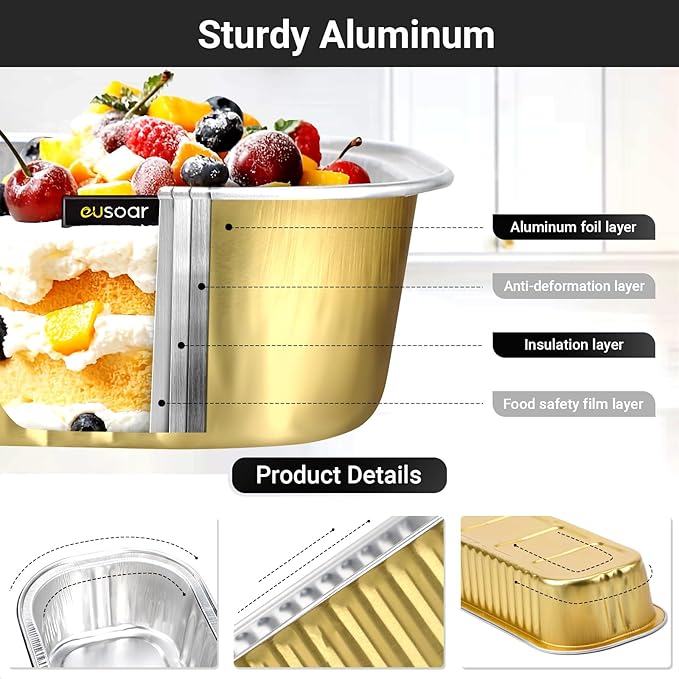 EUSOAR Baking Cups with Lids, 100pcs 6.8oz 6.5"x2.5"x1.2" Gold Aluminum Foil Ramekins Baking Cups Mini Loaf Pans with Lids Disposable，Cupcake Containers Cheesecake Creme Brulee Ramekins Pan