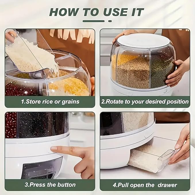 360° Rotating Grain Dispenser, 6-Grid Large Rice Storage Container (13 Lbs), One-Click Output Sealed Food Storage for Rice, Beans, Cereal - Countertop Kitchen Organization