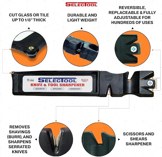 Selectool Tool and Knife Sharpener MultiTool Blade Sharpener for Kitchen Knives, Pocket Knife, Tools, Scissors, Axes & More, EDC Gadgets for Outdoor Hunting and Fishing, Effortless, Made in USA, 3 pcs