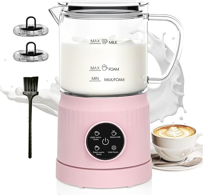 Casimhu 4-in-1 Milk Frother, Electric Milk Frother and Steamer with LED Touch Screen, Ceramic Lining Bottom, Milk Warmer 13.52oz for Lattes, Cappuccinos, and Macchiatos at Home (pink)
