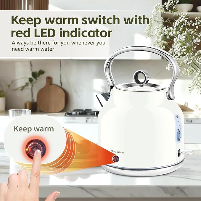 Electric Kettle – 1.7L Stainless Steel Kettle with Keep Warm Function, 1500W Fast Boil Kettle with LED Indicator, Auto Shut-off & Boil-Dry Protection Cordless Design, Rotational Base (White)