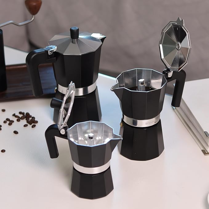 Sivaphe Aluminum Moka Pot 9 Espresso Cups, Percolator Espresso and Coffee Maker, Portable Stovetop Italian and Cuban Café Brewer for Home and Camping Black