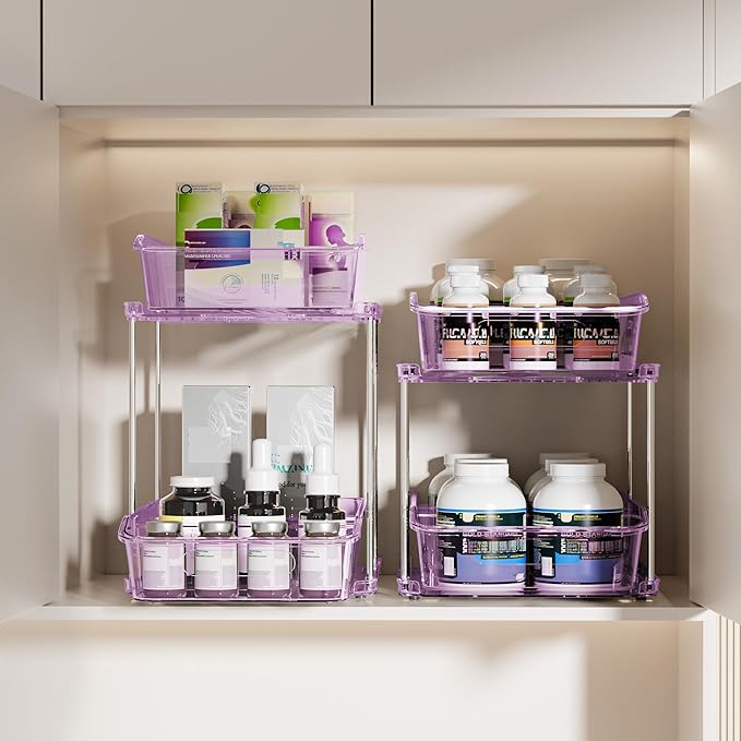 Delamu 2-Tier Under Sink Organizers and Storage, Multi-Purpose Stackable Bathroom Cabinet organizers, Pull Out Kitchen Pantry Organization and Storage with Dividers(2 Pack, Purple)