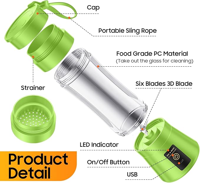 Portable Blender for Smoothies & Shakes - Cordless Personal Size Mini Blender with BAP Free Juice Cup, USB Rechargeable Suit for Sports/Picnic