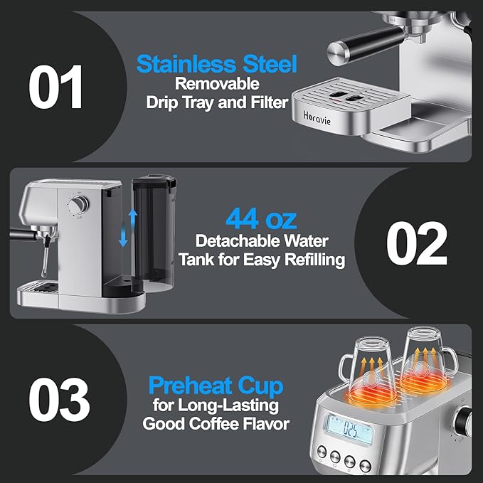 Horavie Espresso Machine 20 Bar, Compact Espresso Maker with Milk Frother, Stainless Steel Cappuccino & Latte Machine with LCD Screen, Adjustable Temperature, 44oz Water Tank for Home, Office