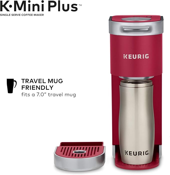 Keurig K-Mini Plus Maker Single Serve K-Cup Pod Coffee Brewer, Comes with 6 to 12 Oz. Brew Size, Storage, and Travel Mug Friendly, Cardinal Red (Renewed)