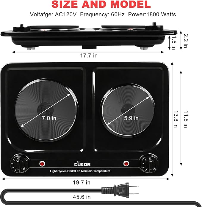 Double Burner Electric Hot Plate, 1800W Cast Iron Heating with Adjustable Temperature Control, Stainless Steel Body for Home, Dorm & Commercial Use