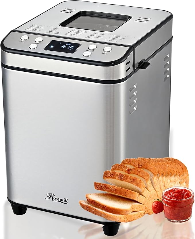 Rosewill 25-in-1 Automatic Bread Maker Machine with 3 Loaf Size up to 2 Lb, 700W High Power Dual Heater Bread Maker with BPA-free Nonstick Coating Pan, Max 15 Hours Delay Timer, Low Noise - Silver