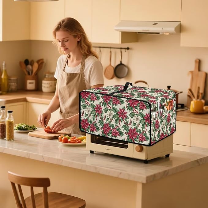 Air Fryer Toaster Oven Dust Cover Dustproof Convection Oven Cover with Side Pockets for Small Kitchen Appliances, L, 18.5 x 22.5 x 13 Inches, Poinsettia Flower Christmas Decor