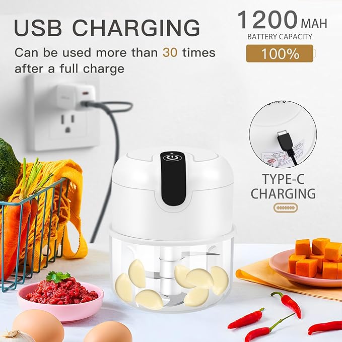EASYSPEED Electric Garlic Chopper 1Cup, Mini USB Charging Wireless Food Processor with 304 Stainless Steel, 3 Sharp Blades, Portable Kitchen Meat Grinder for Onion, Garlic, Ginger, Chili