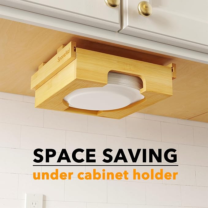 SpaceAid 8.5-inch Paper Plate Dispenser, Under Cabinet Bamboo Plates Holder, Kitchen Counter Vertical Dipensers Holders Countertop Caddy, Bamboo