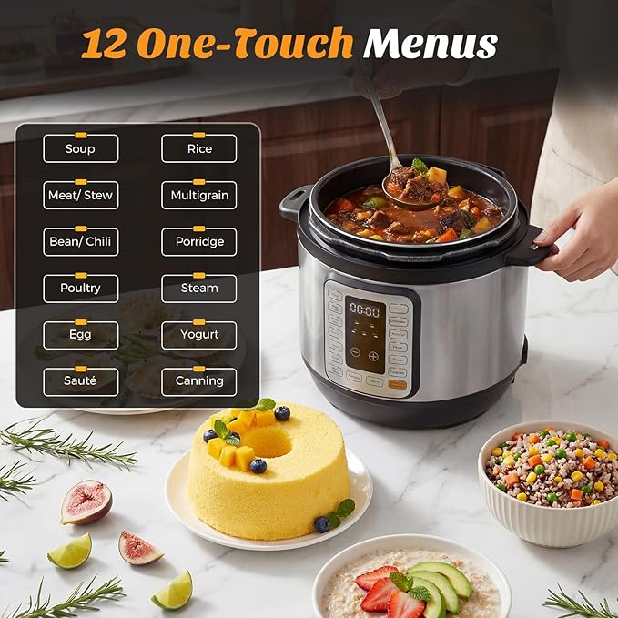 NEWBULIG 16-in-1 Electric Pressure Cooker, 8QT Multi Cooker with 12 Presets, Slow Cook Rice Steamer Sauté Soup Meat Stew Canning Yogurt Maker, Ceramic Inner Pot & Recipe Book Included，Silver
