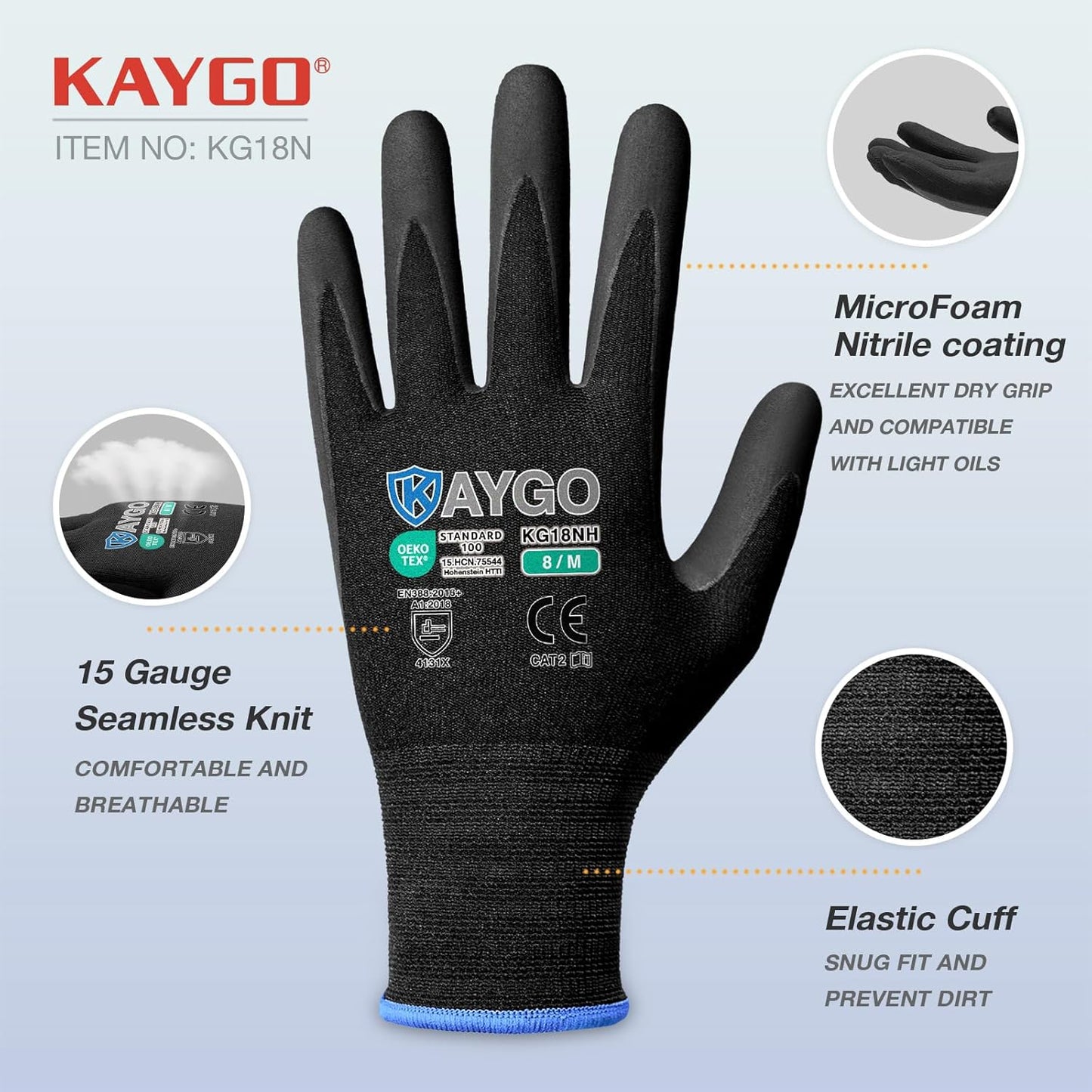 KAYGO Safety Work Gloves MicroFoam Nitrile Coated, 3 Pairs KG18NB,Seamless Knit Nylon Glove with full fingers Touchscreen, Ideal for Automotive,Warehouse,Construction (2XL, Black)