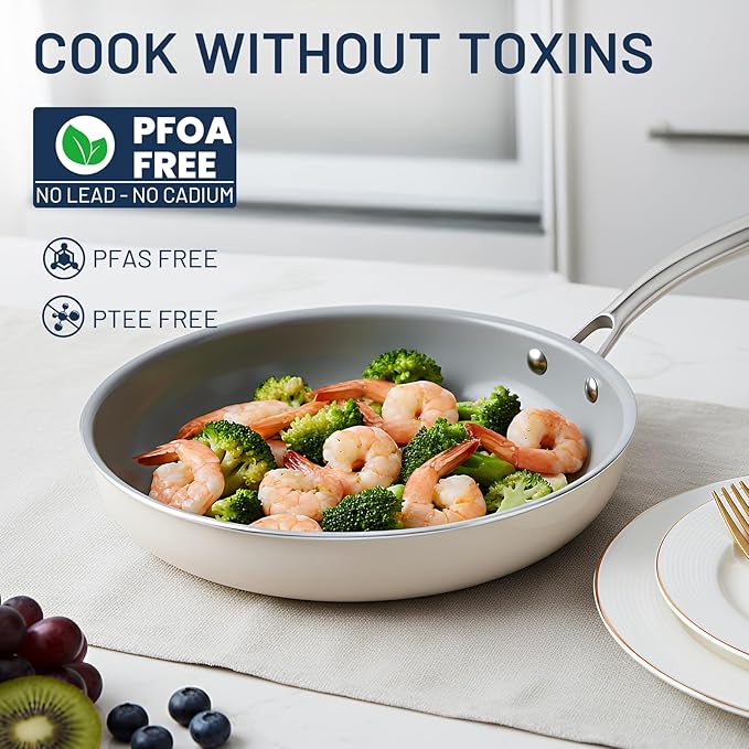 Kikcoin Non Stick Frying Pans with Lid, 3 Pack Ceramic Frying Pan for Cooking, 8+9.5+11 Inch Omelette Pans Set with Stay Cool Handle, Induction Ready, Free of PFAS PFOA PTFE, Oven/Dishwasher Safe