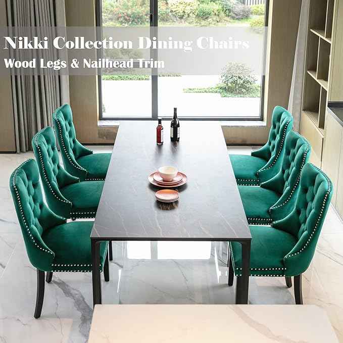 Green Velvet Dining Chairs Set of 6, Upholstered Dining Room Chairs with Back Ring Pull Trim and Solid Wood Legs, Tufted Wingback Kitchen Chairs for Dining Room,Living Room,Kitchen(Green)