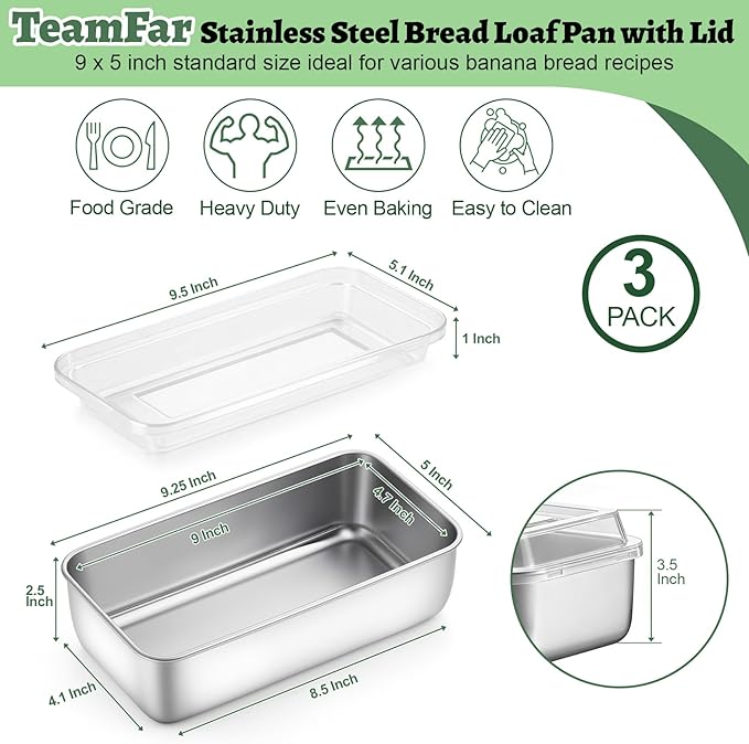 TeamFar Loaf Pans for Baking Bread, 9 x 5 Inch Stainless Steel Bread Loaf Pan with Lid, Meatloaf Pan Tin for Homemade Bread, Brownies, Meal Prep, Storage, Healthy & Dishwasher Safe - Set of 3