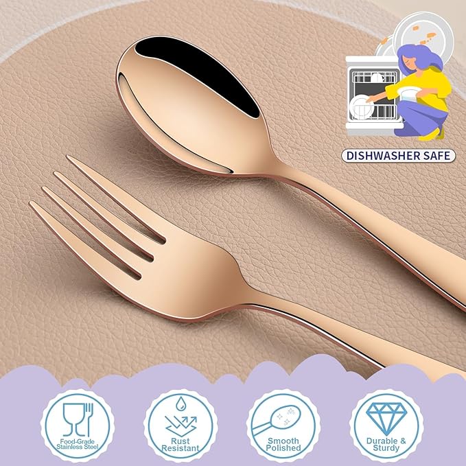 DEHOV Rose Gold Toddler Eating Utensils Set,Set Of 12 Food Grade Stainless Steel Silverware Sets For Kids,Dishwasher Safe Children Small Metal Spoons And Forks Flatware Sets