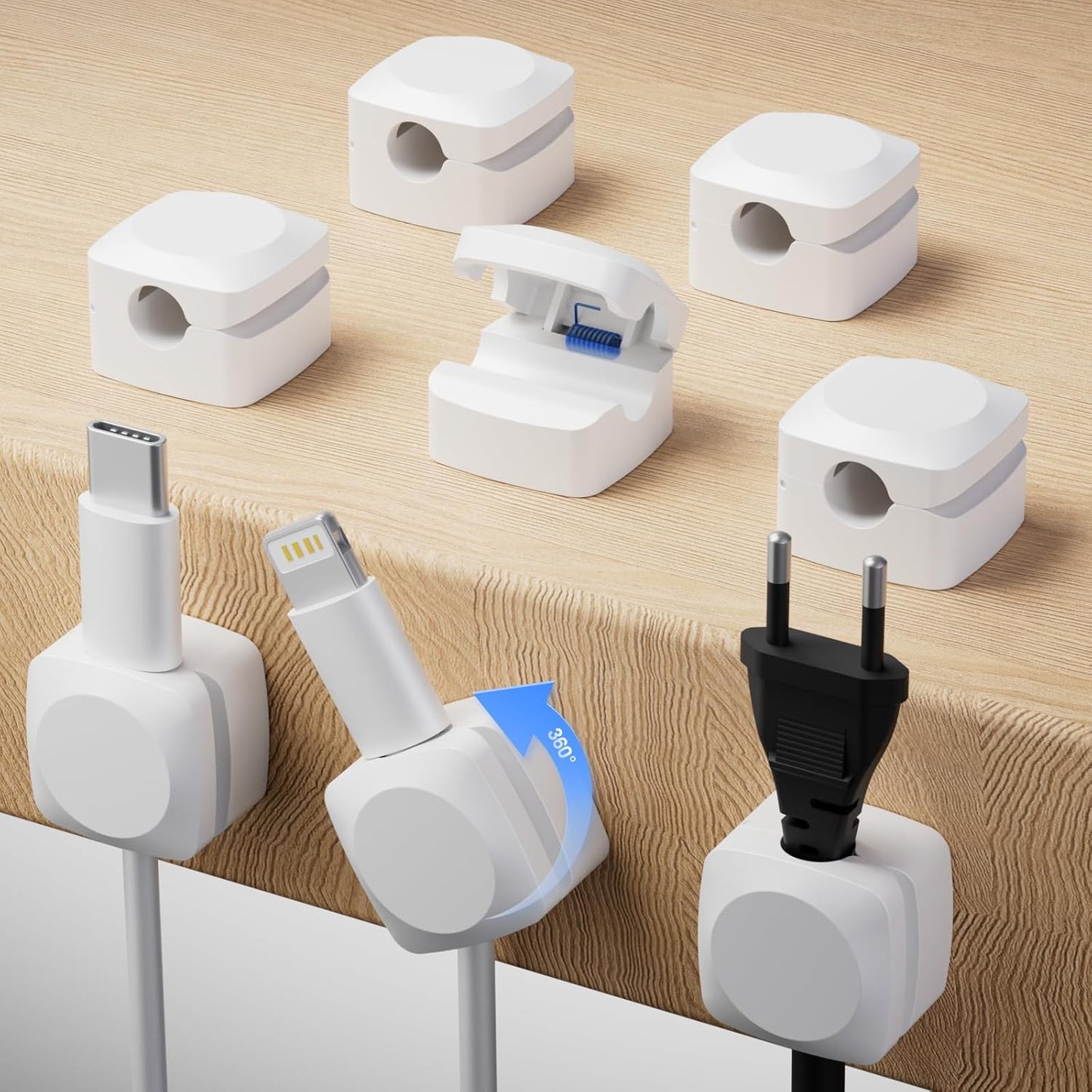 Rotatable Cord Organizer, Enhanced Spring Cable Clips, Strong Adhesive Cable Management, Desk Cord Holder for Nightstand, Office Accessories and Car (8*White)