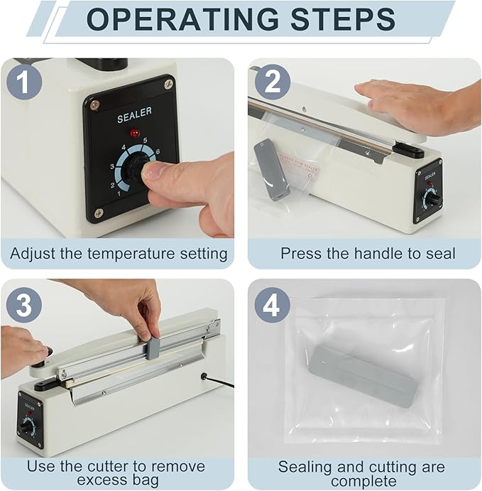 Impulse Heat Sealer with Sealing Bar: Heavy-Duty Bag Sealer with Extra Cutting Blade (White, 16-Inch)