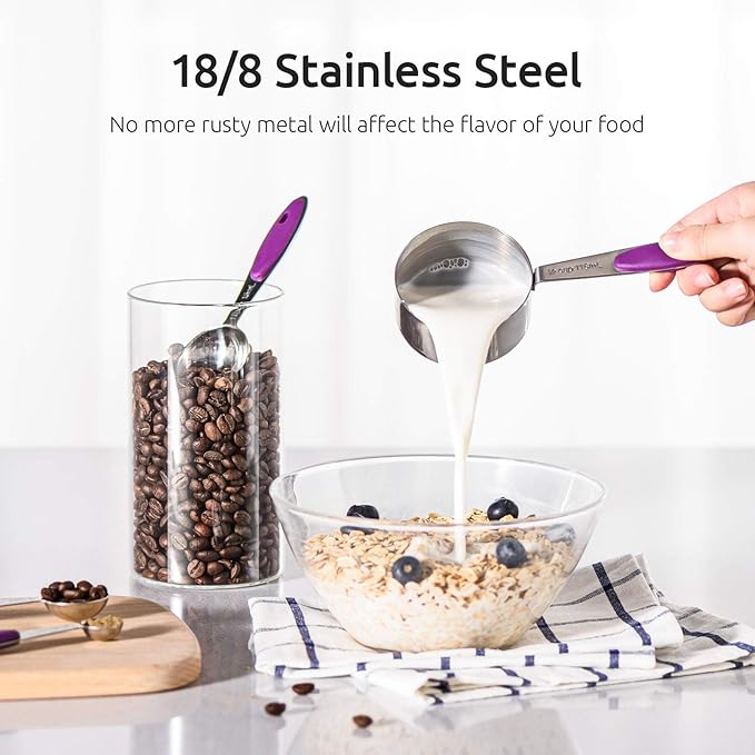 U-Taste 10 Piece Measuring Cups and Spoons Set in 18/8 Stainless Steel, and 18/8 Stainless Steel 3.9 inch 30 Mesh Strainer (Purple)