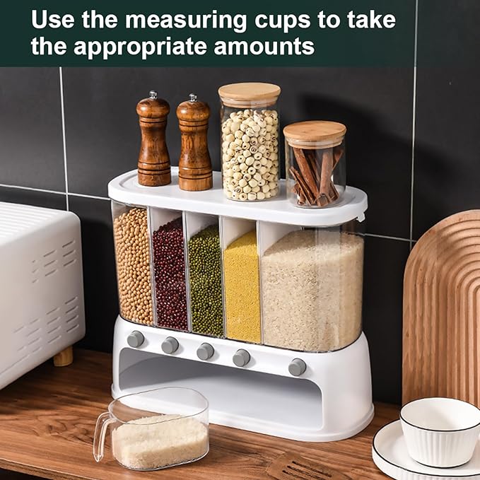 ETOYA Dry Food Dispenser, Wall mounted 5 Grid Cereal Dispenser,Rice dispenser 25 pounds Kitchen Storage with Measuring Cup for Kitchen, Pantry, Restaurant & Bulk Food