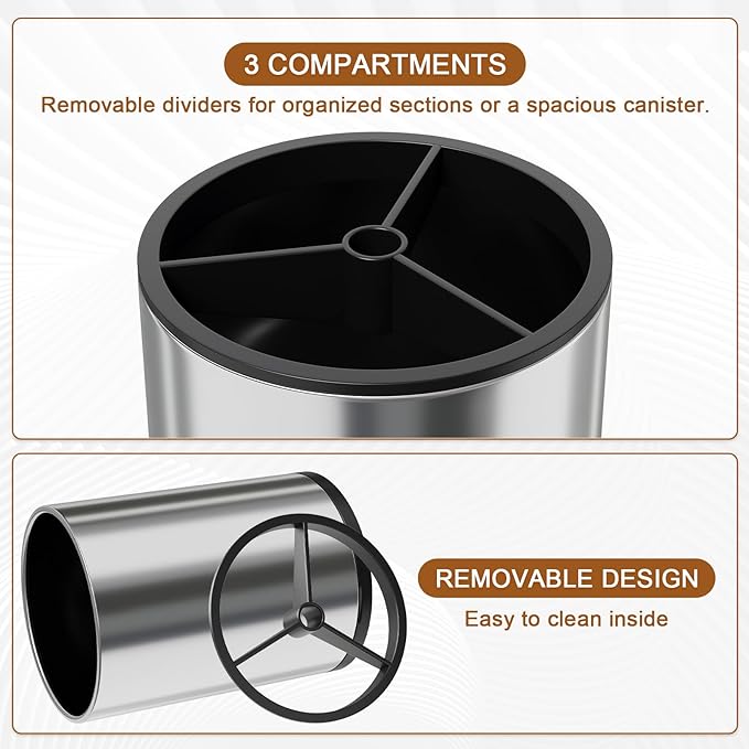 Extra Large Utensil Holder for Kitchen Counter, 360°Rotating Cooking Utensils Holder for Countertop, Stainless Steel Utensil Crock for Spatula,Spoon, 3 Compartment Metal Silverware Crocks for Flatware