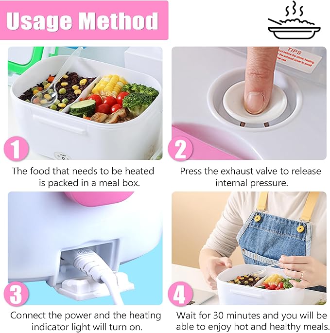 INVODA Lunch Box Food Heating Lunch Hot Box Portable Insulated Bento Box Electric Lunch Container for Office Travel Home 110V (Pink)