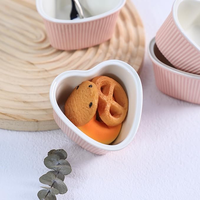 Sizikato Heart-Shaped Pink Porcelain Souffle Dishes, Ramekins - 3.5 Inches for Souffle, Creme Brulee and Dipping Sauces - Set of 4