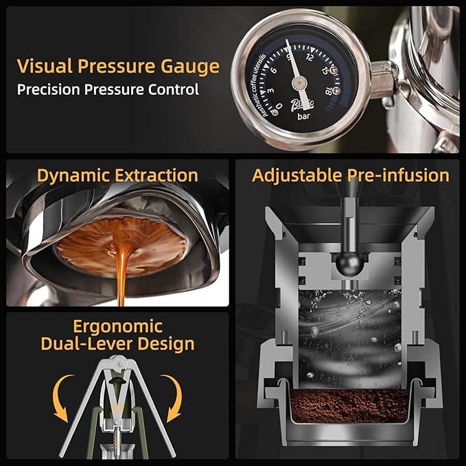 Manual Espresso Maker Set - Hand Press Espresso Machine – 12Bar Pressure Profiling, Dual-Lever Manual Coffee Maker with Pre-Infusion, Portable for Custom Espresso Shots, Stainless Steel (Green)