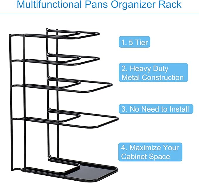 Toplife 2 Pack Heavy Duty Pan Organizer, 5 Tier Pot and Pan Organizer Rack for Cast Iron Skillets, Griddles and Pots - Sturdy Steel Construction- No Assembly Required - Black