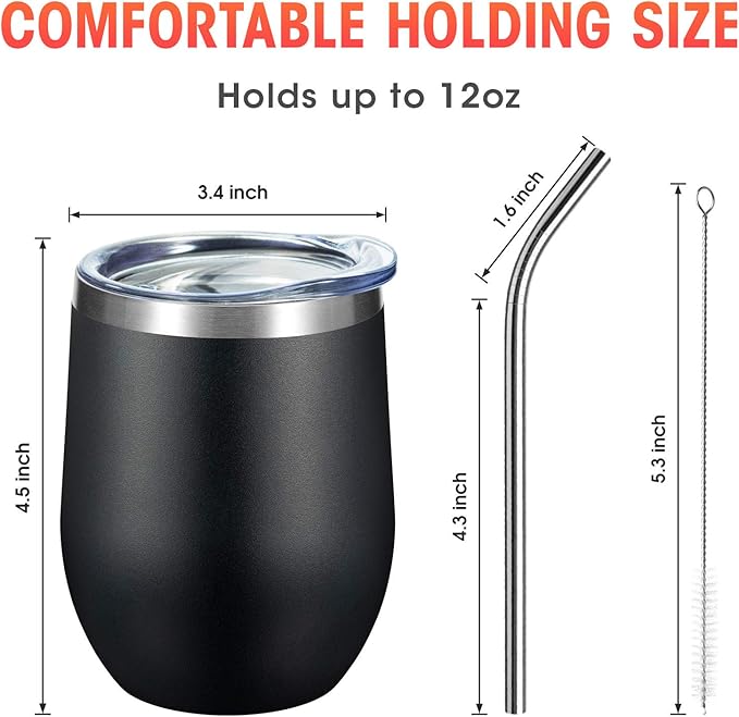 COMOOO 12oz Stainless Steel Wine Tumbler with Lid and Straw, Double Wall Vacuum Insulated Wine Tumbler Cup for Hot and Cold Drinks, Wine, Coffee, Champaign, Black, 4 Pack