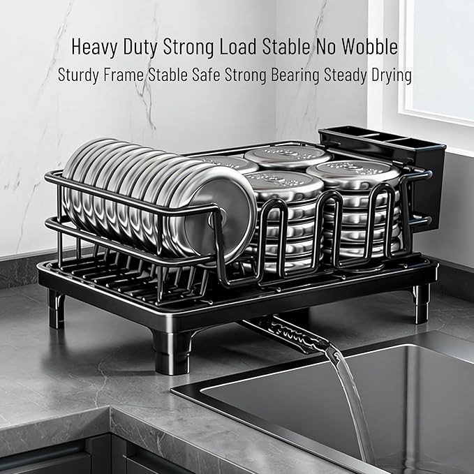 Large 2-Tier Expandable Dish Drying Rack, Heavy Duty Kitchen Countertop Dish Drainer Organizer with Utensil Holder, Extendable Space Saving Plate Storage Rack for Kitchen Sink Counter, Black